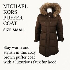 Michael Kors Women's‎ Down Filled Brown Quilted Down Faux Fur Hooded Jacket Sz S